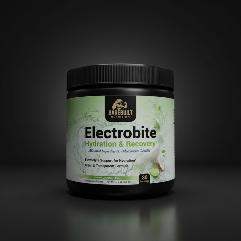 Electrobite hydration supplement tub — front label showing 30 servings, zero sugar, 6 electrolytes